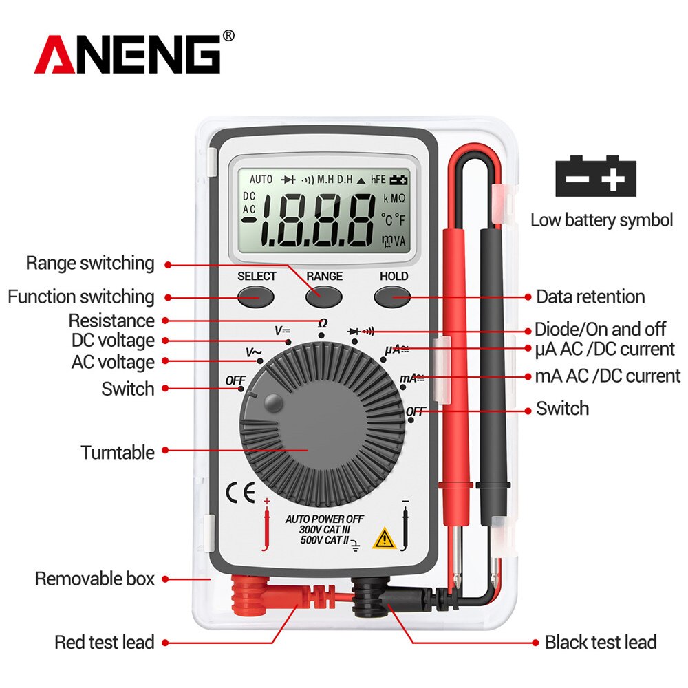 Aneng AN101 Mini Multimeter 1999 Counts Dc/Ac Spanning Stroom Automatische Meter Pocket Voltmeter Amperemeter Tester Met Meetsnoeren