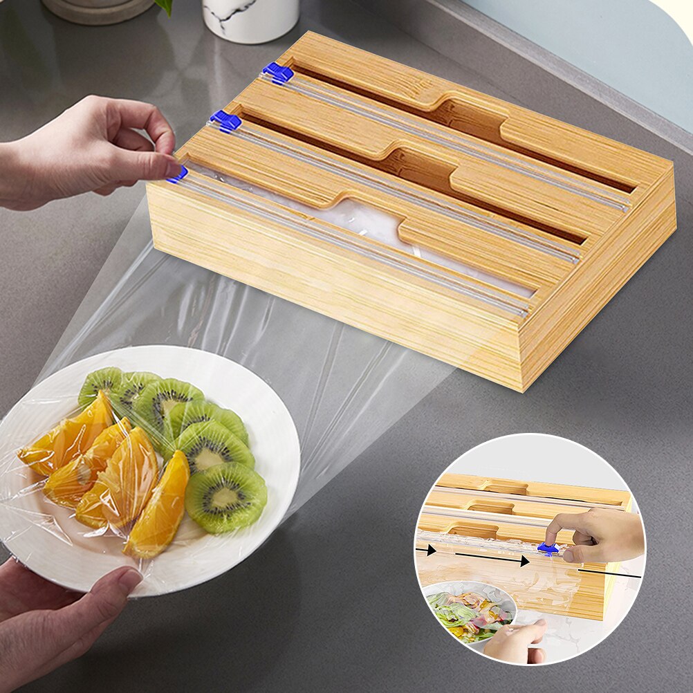 Plastic Wrap Dispenser Food Aluminum Foil Cling Film Cutter Sliding Cut Wood Storage Organizer Holder Kitchen Tool Accessories
