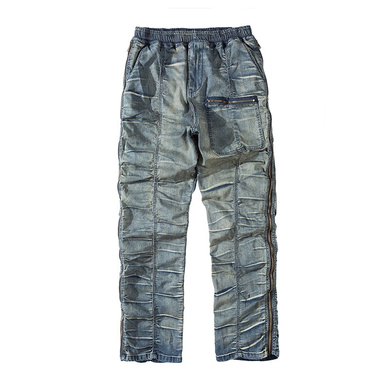 alto strada Cerniera Laterale angosciato Schiacciato Piega denim Dei jeans Degli Uomini di anca salto Elastico in Vita Dritto Pantaloni di Modo motociclista Pantaloni Pantaloni Pantaloni