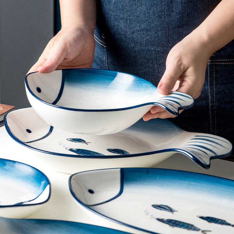Nordic Ceramic Plate Household Large Fish Plate Rectangular Plate Shallow Plate Vegetable Plate Cartoon Tableware