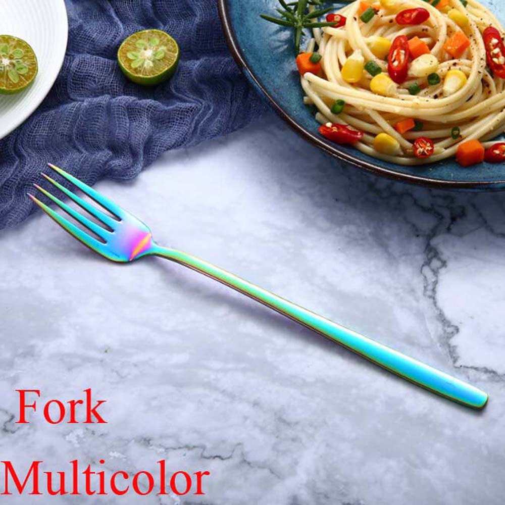 Cuillères et fourchettes à Long manche | Couleur arc-en-ciel en acier inoxydable, cuillère à soupe cuillère glaces thé cuillère à café vaisselle de table, couverts de maison: Fork multicolor