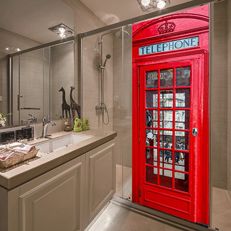 London Red Telephone Booth Home Wooden Door Renovation Decorative Painting Wall Sticker Door Sticker Bathroom Decoration