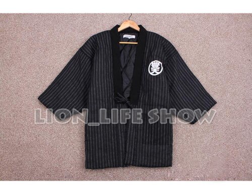 Japanese Men Women Hanten Winter Warm Wadded Cotton Kimono Haori Coat Outterwear: Black stripe