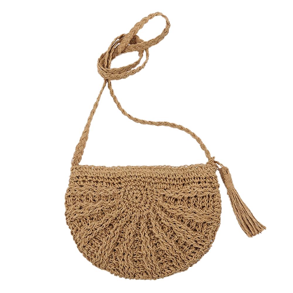 Summer Retro Straw Beach Bag Woven Tassels Messenger Handbags Women Fringed Crochet Straw Shoulder Crossbody Bag: Camel