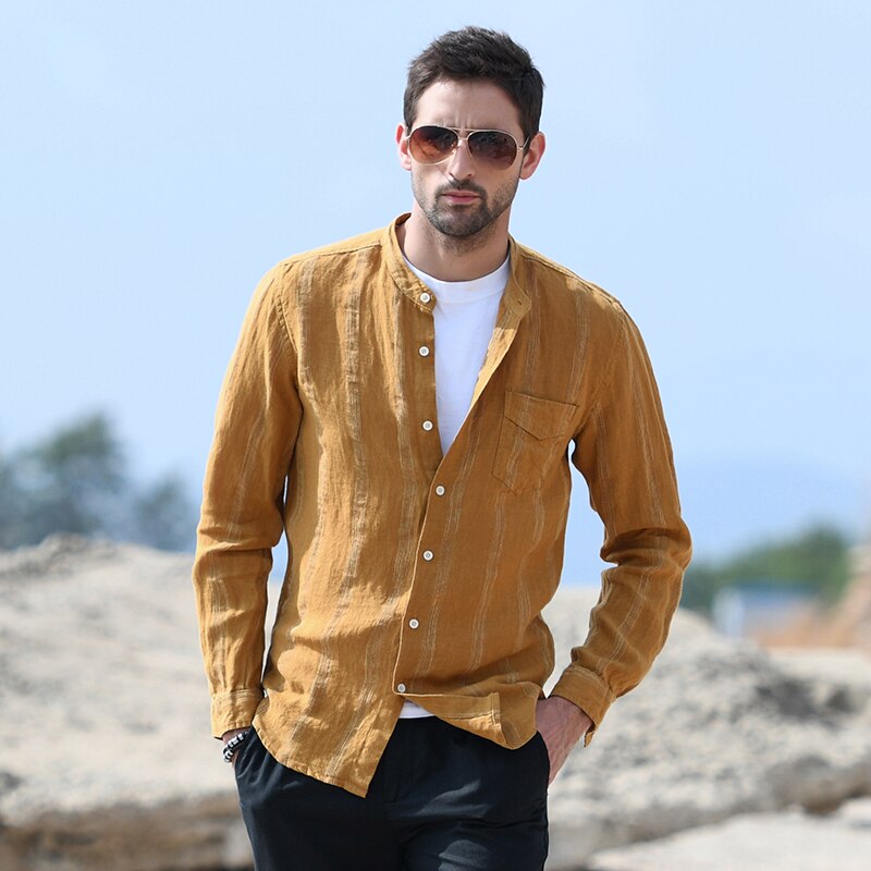 Heren lente zomer japan eenvoudige stijl harajuku opstaande kraag lange mouw effen kleur streep heren linnen casual overhemden: Geel / S