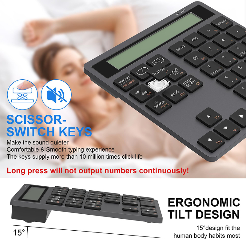 Ergonomiczna bezprzewodowa klawiatura numeryczna Bluetooth z podwójnym trybem i kalkulatorem wyświetlacza Przenośna bezprzewodowa klawiatura numeryczna 2 w 1 dla Win/Mac