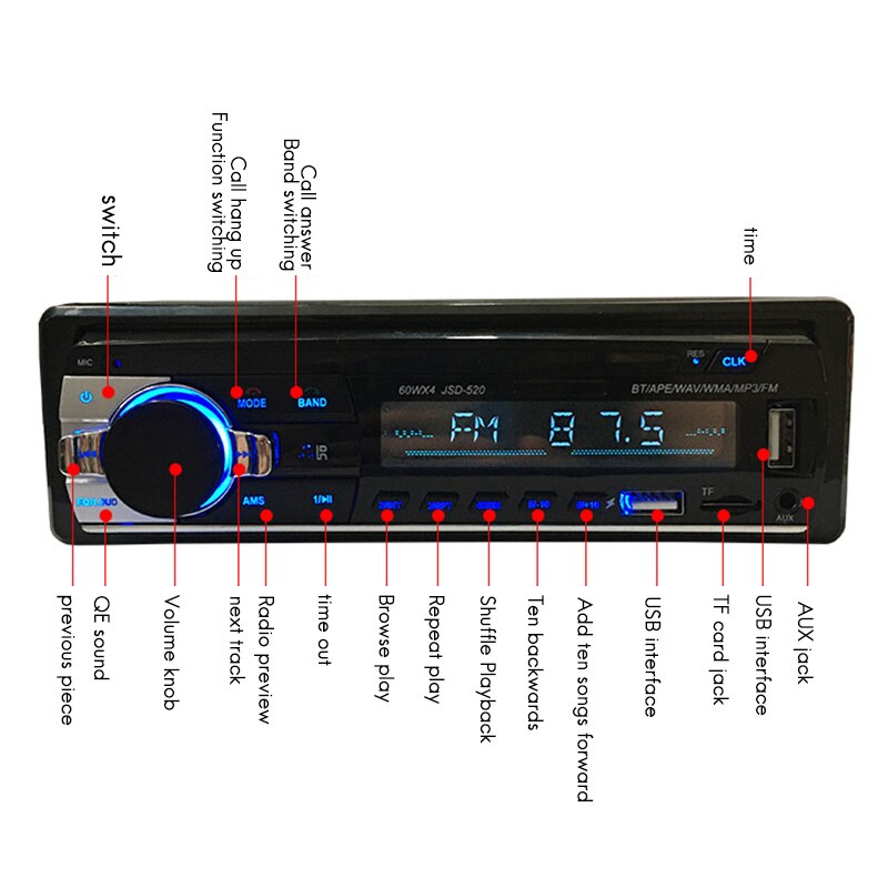 Car Radio Stereo Player Digital Bluetooth Car MP3 Player 60Wx4 FM Radio Stereo Audio Music-USB/SD with in Dash AUX Input