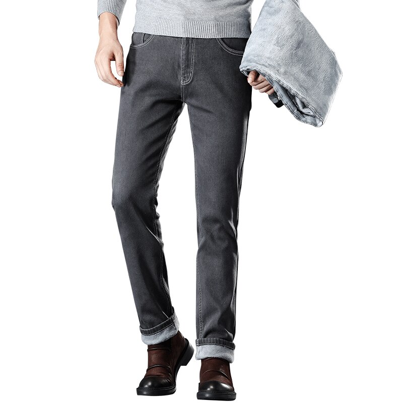 Vinter mænd varme grå jeans elasticitet tykkere skinny plus fløjl denim bukser tøj til mænd