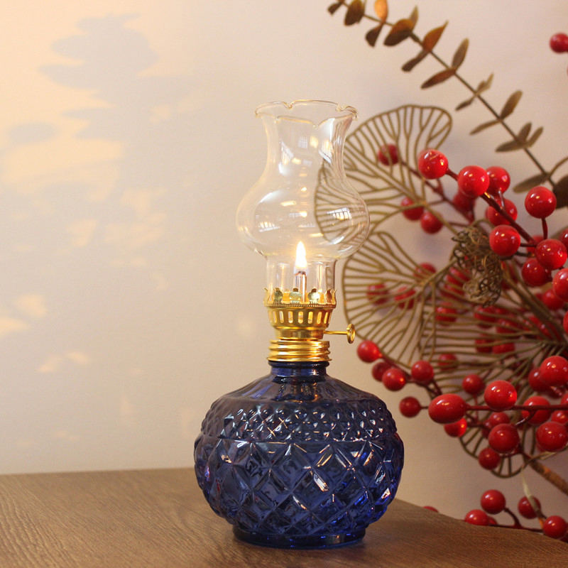 Lampe à huile, lampe à kérosène en verre vintage, lampe à ouragan décorative d'intérieur, lanterne à huile pour décoration de table et éclairage de secours: Bleu