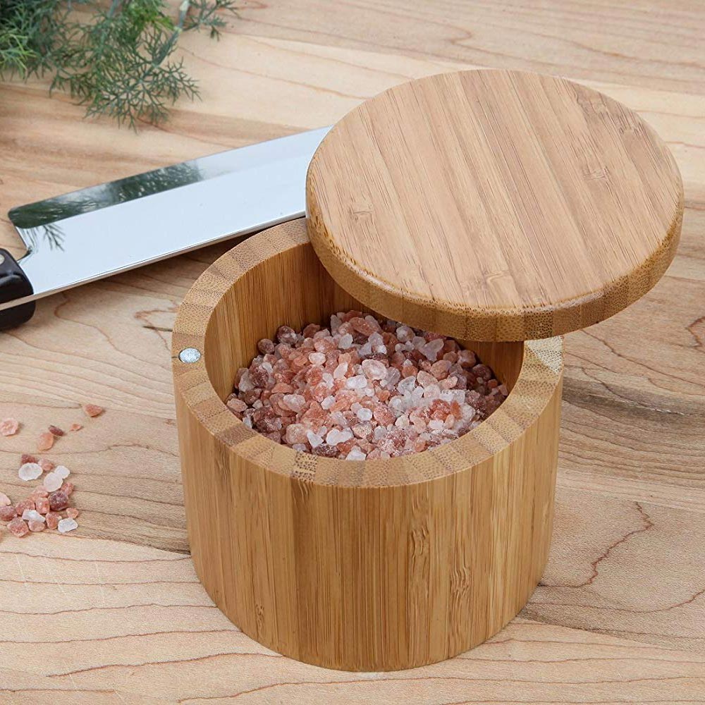 Tarro de especias de madera redonda Natural sal de bambú caja contenedor cocina moderna caja de almacenamiento con tapa de imán hierbas aromáticas herramientas sal caja