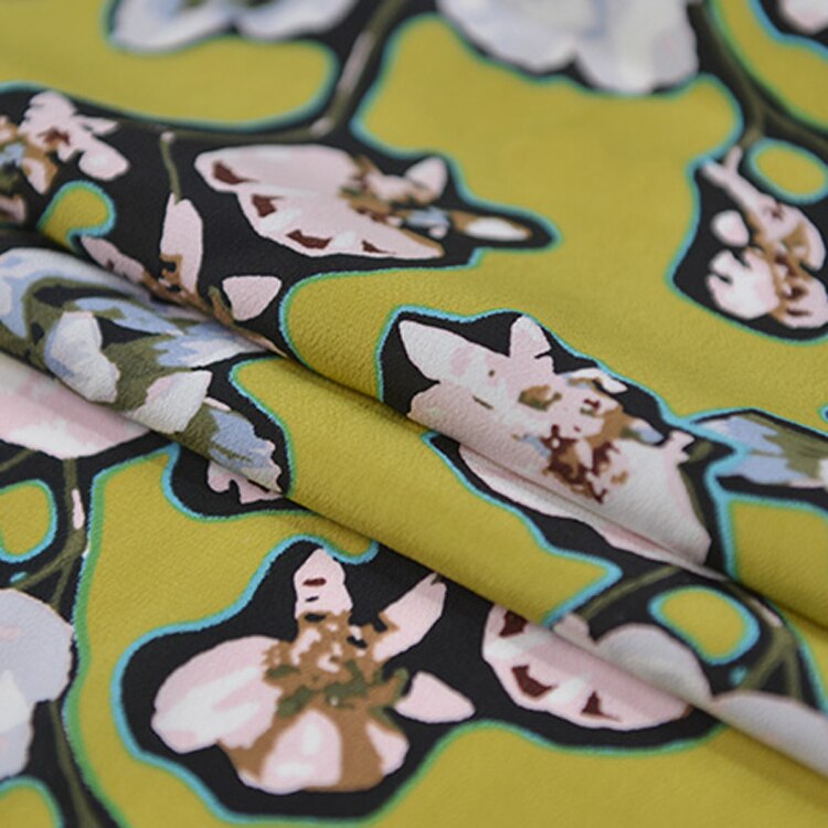 Floral print yellow silk cotton blended fabric feel like silk crepe de chine fabric,SCT746