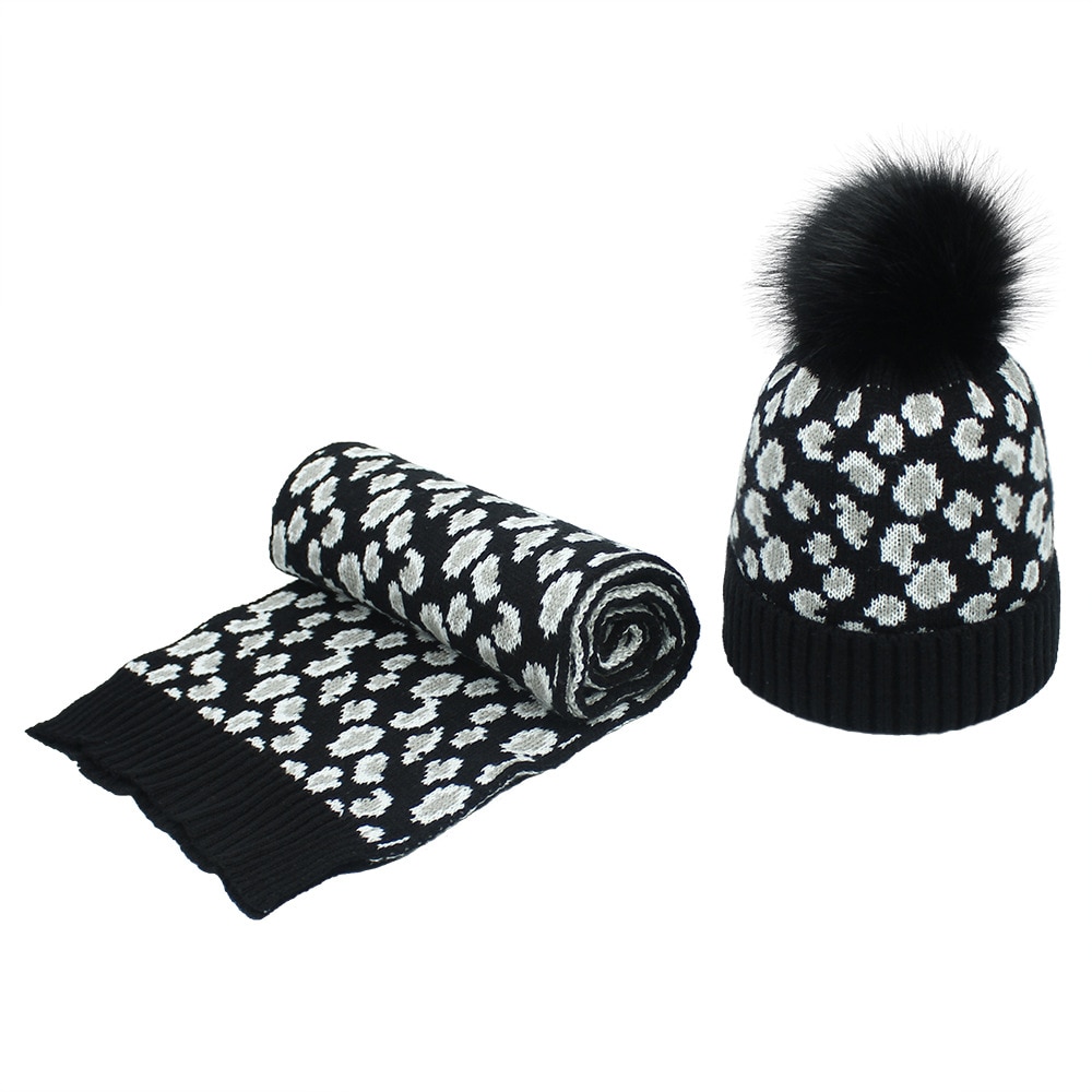 Leopard strik kvinder hat med et tørklæde kugle imiteret faux pels hatte tørklæder sæt vinter tilbehør til damer sjaal muts: 2