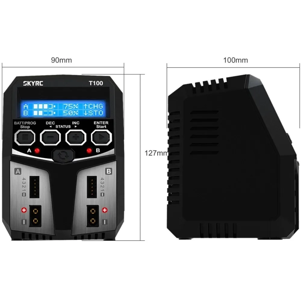 Caricabatterie bilanciato batteria SKYRC T100 AC Lipo Caricatore doppio 5A 2X50W 2-4S per batteria NiMH / NiCd / LiPo / vita / Lilon / LiHV / Pb