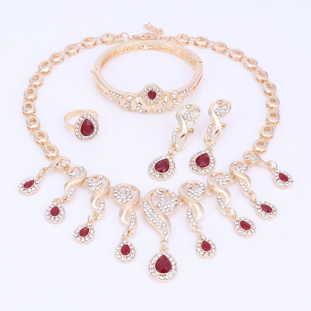 Gold Color Crystal African Beads Jewelry Sets For Women Dress Accessories Wedding Bridal Necklace Earrings Bracelet Ring Sets: Red Set