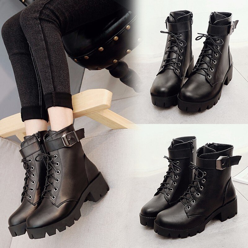 Botines impermeables de piel sintética para mujer, calzado cálido con cordones, para otoño e invierno, de talla grande,