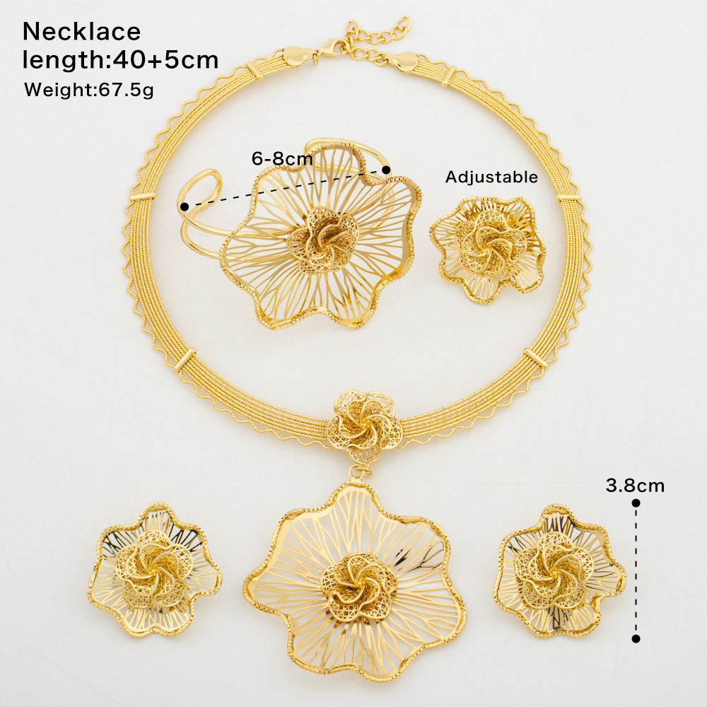 Conjunto de joyas con colgante de flor grande de Dubai para mujer, collar de lujo africano chapado en oro, pendientes, brazalete, anillo, de boda