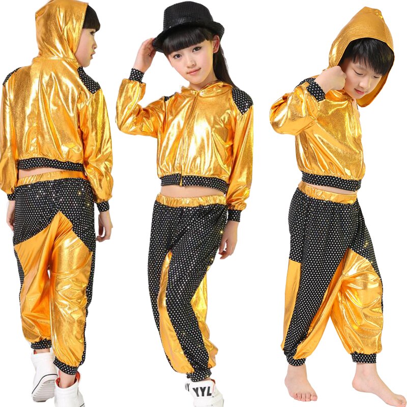 Mädchen Jungen Gold Silber Ballsaal Jazz Hüfte hüpfen tanzen Wettbewerb Kostüm Art Kleidung Kleidung Hoodie Shirt oben Hosen Tanzen Tragen