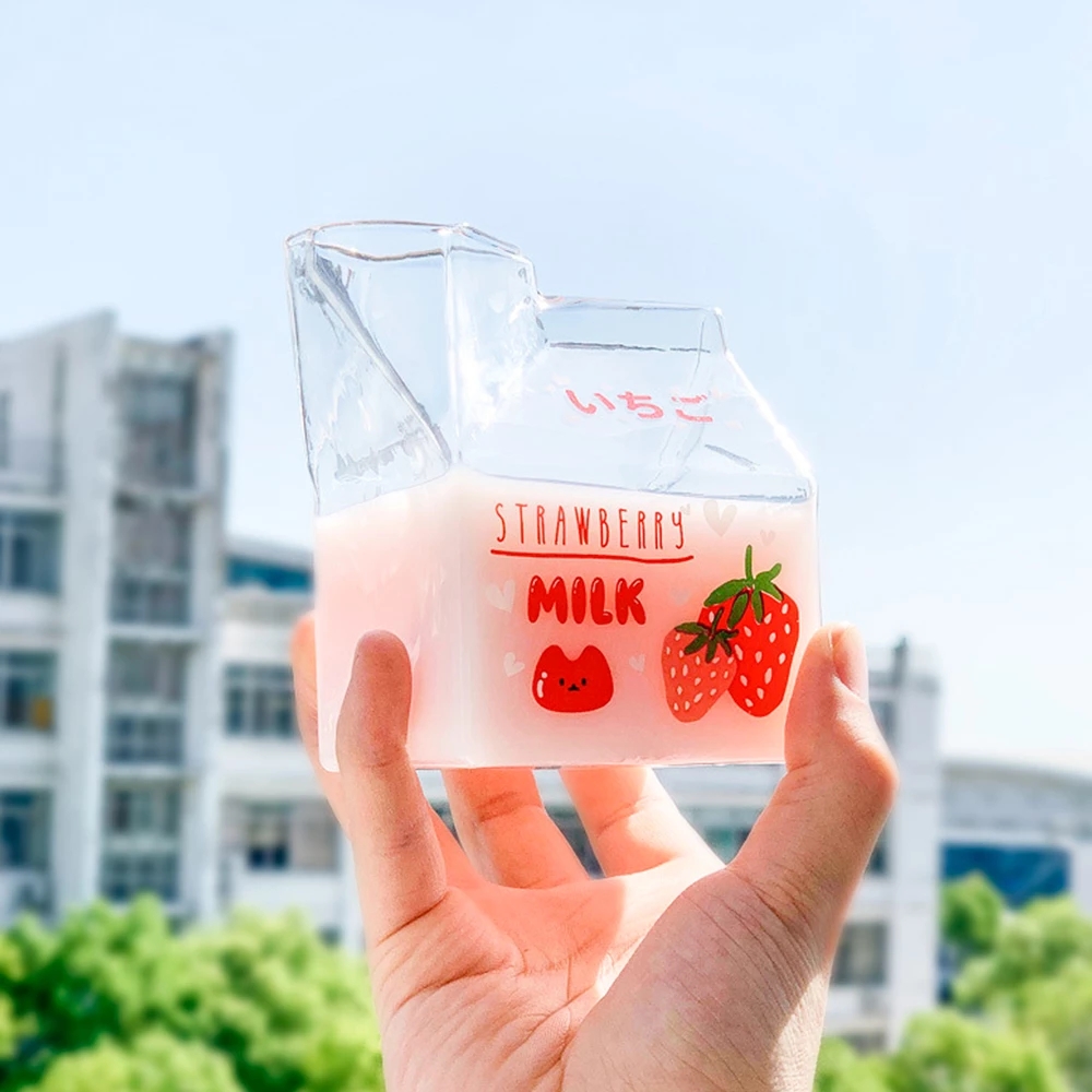 Glas Milchkännchen Kasten Hitzebeständige Karikatur Mini Platz Milch Karton Container Tasse 380ml Wasser Tasse Kawaii Becher Kawaii Flasche