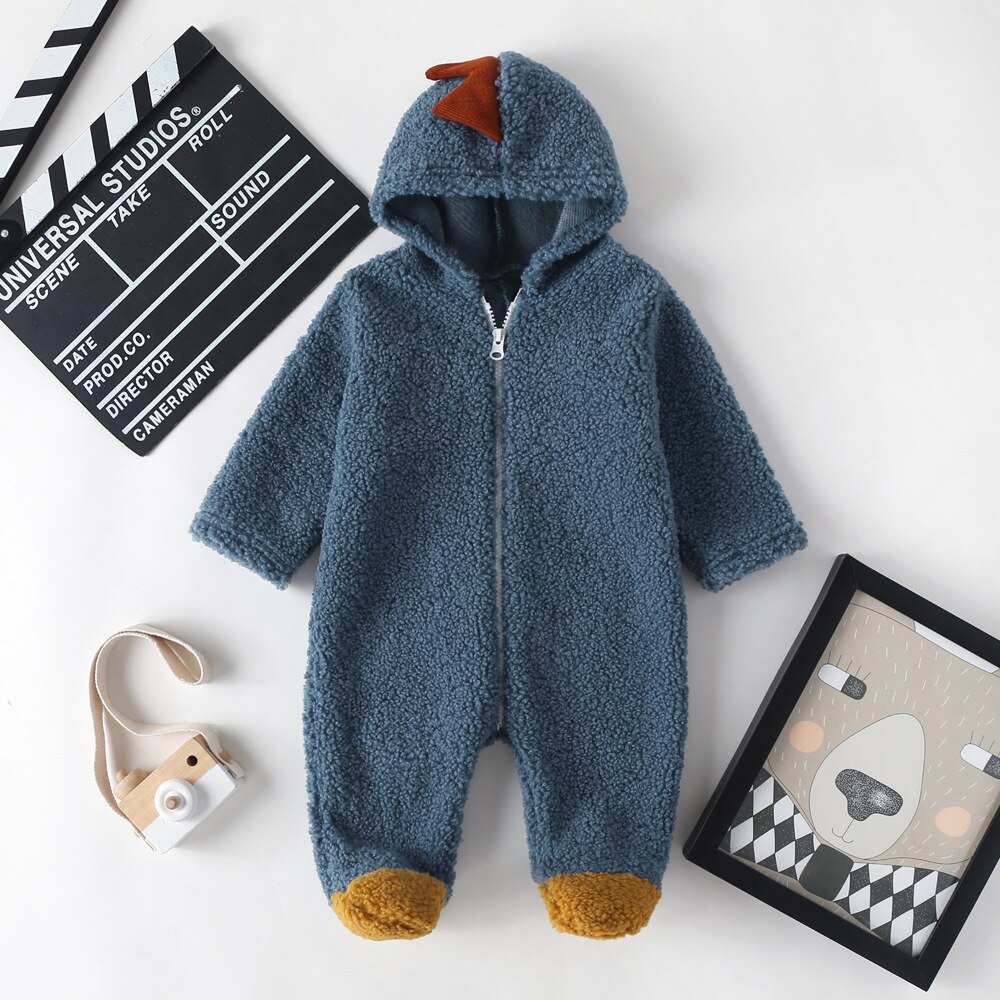 Herfst Winter Baby Jongens Meisjes Fleece Romper Dinosaurus Patroon Lange Mouwen Hooded Jumpsuit Bodysuit Voor Meisjes Jongens: Blauw / 9-12 Months