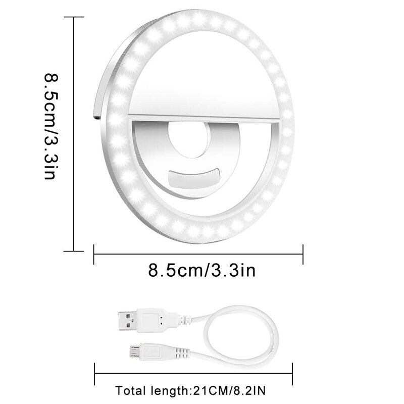 Selfie lysring , 2 pakke led cirkel klip på mobiltelefon laptop kamera led lys 3- niveau 36 led justerbar lysstyrke video lys