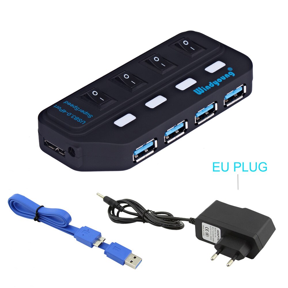 Windyoung USB3.0 HUB 7 Port with Power Charging and Switch Multiple USB Power Adapter LED ON/OFF Switch Splitter for PC Laptop: 4 Port and EU PD