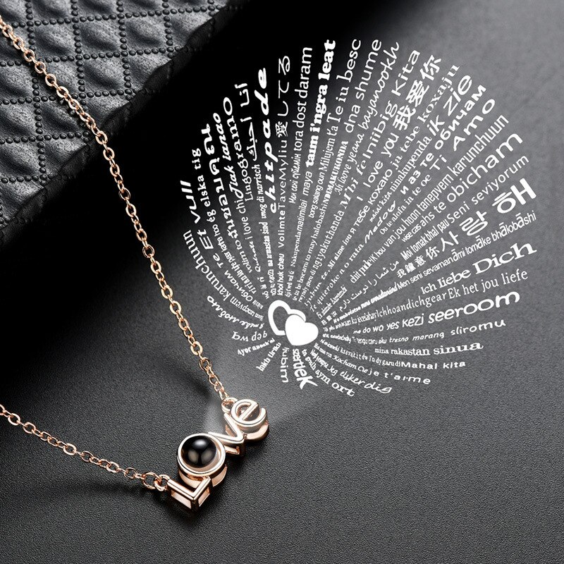 Rose Goud 100 Talen I Love U Projectie Hanger Ketting Voor Vrouwen Sieraden Liefde Geheugen Bruiloft Ketting Valentijnsdag: Silver Plated