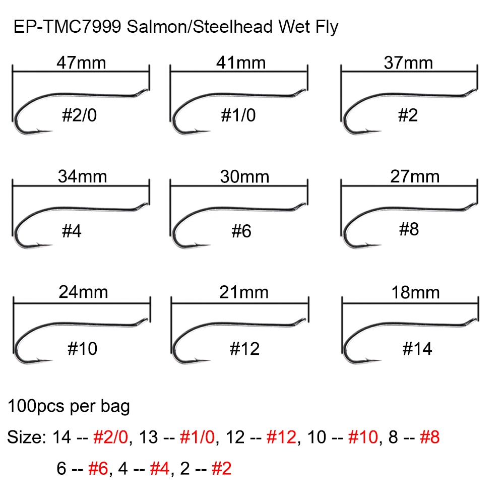 Eupheng Salmon Steelhead Wet Fly Fishing Hook Black Nickle Up-turned Tapered Loop Eye 120pcs EP-TMC7999