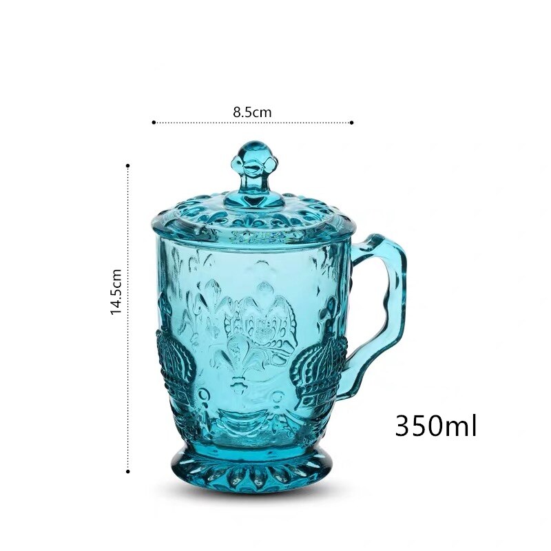 Glass crystal mug with lid European retro embossed flower color thickened 350ml office drink milk tea drink juice cup: sky blue