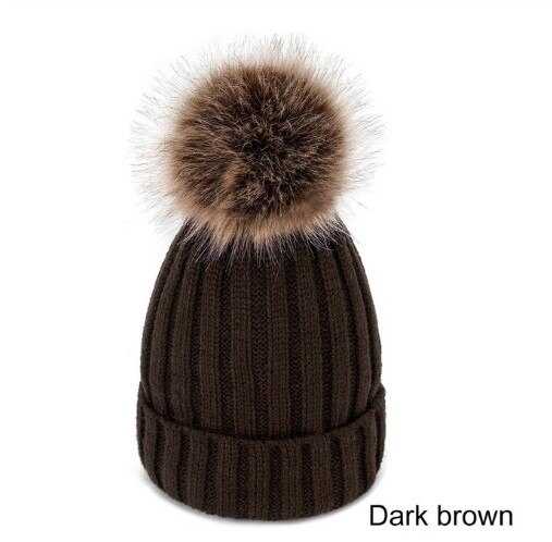 Evrfelan Bommel Wolle Winter Hütte Frauen Gestrickte Dicke Mütze Hüte für Damen Warme Schädeldecke Beanies Mädchen Motorhaube Gorro: dunkel Braun