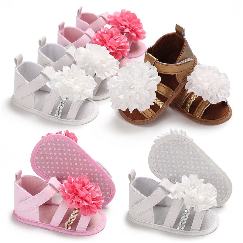 Sandalias de bebé de verano, sandalias de punto con flores grandes para niñas, zapatos de cuna suaves, zapatos de playa a la para niños