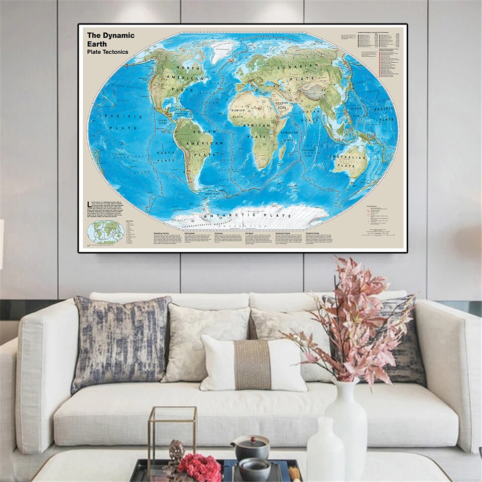 150*100cm The Dynamic Plate Tectonics Map of The World Retro Wall Art Poster Vinyl Canvas Painting Home Decor School Supplies