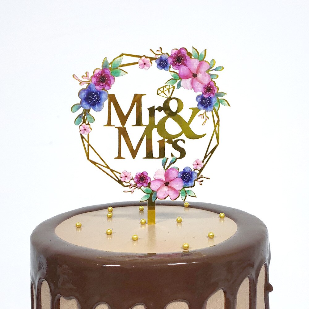 Gold Acrylic Flower Mr&amp;Mrs Wedding Cake Topper Annivesary Cake Decoration Party Favors Supplies Baking Accessories: SJHL0103