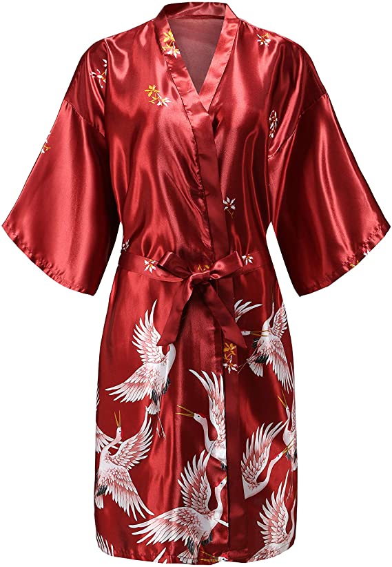 Bata de satén de seda para boda, bata de dama de honor, albornoz Floral, Kimono corto, bata de noche, bata de baño, bata de para mujer: XXL / Rojo