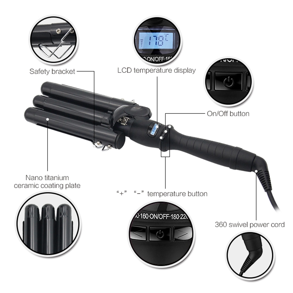 LCD Digital Display Hair Curling Iron Machine Hair Crimper Automatic Curls Air Hair Curler Electric Splint 3 Tubes Hair Curlers