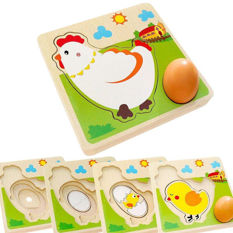 3D Houten multi-layer Puzzel Kip leggen Eieren Kip Groei Proces Cartoon Puzzel Vroege Educatief Speelgoed Voor Kinderen Kids