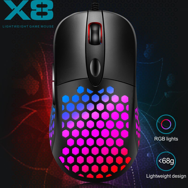 X8 Gaming Mouse Hole Mouse Wired Hollow Mouse Gaming Mouse RGB Desktop Mouse 6400 Dpi Gaming Mouse: Black