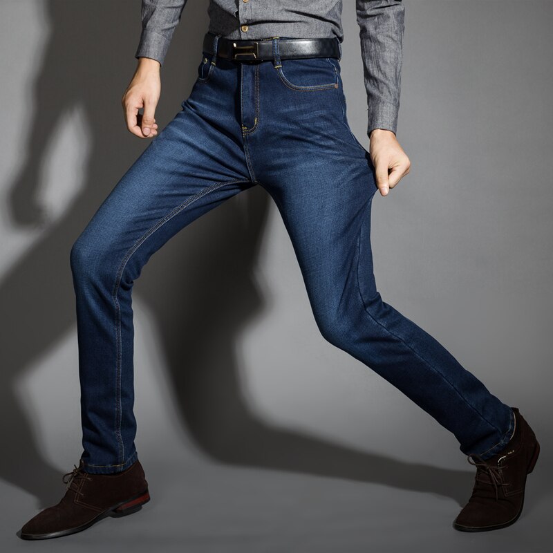 Inverno quente térmica flanela estiramento jeans dos homens de qualidade famosa marca velo calças homens em linha reta reunindo calças jean masculino 28-40