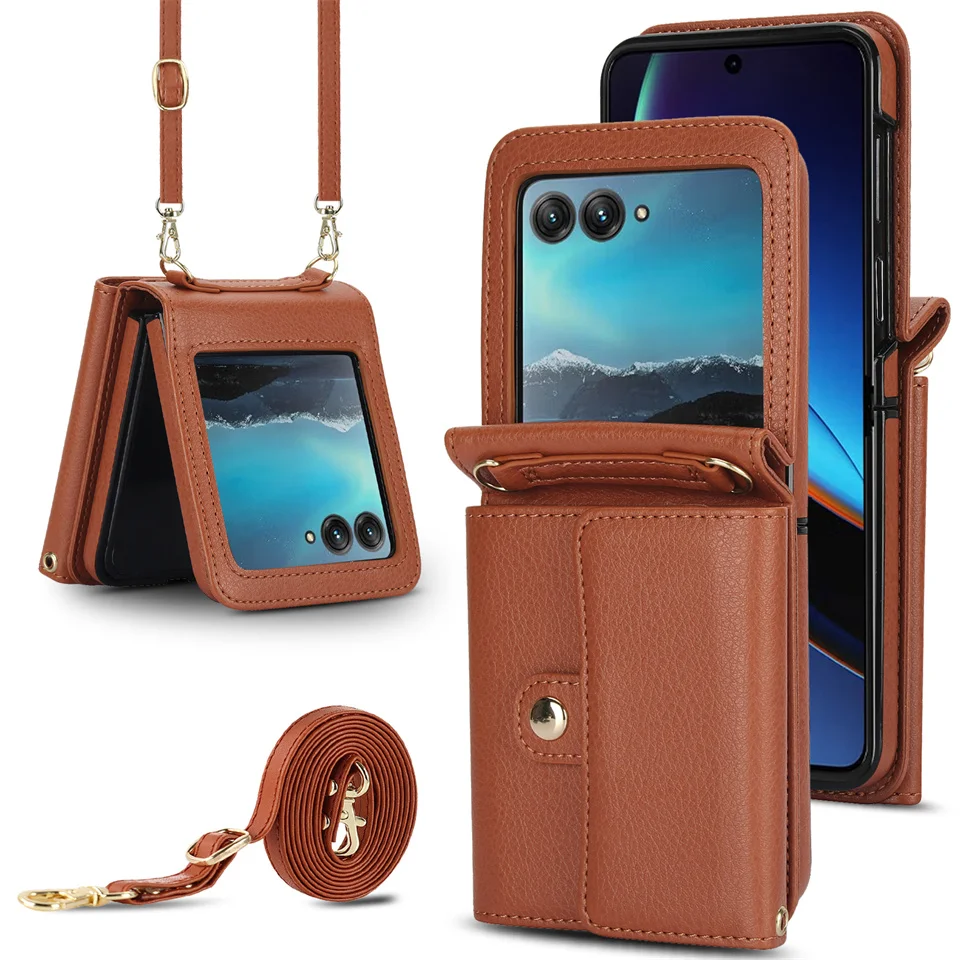 Umhängetasche aus Lanyard-Leder für Motorola Razr 40 Ultra, Moto Razr 40 Ultra, Brieftasche, Kartensteckplatz, stoßfeste Abdeckung, Handytasche: ABS / Brown