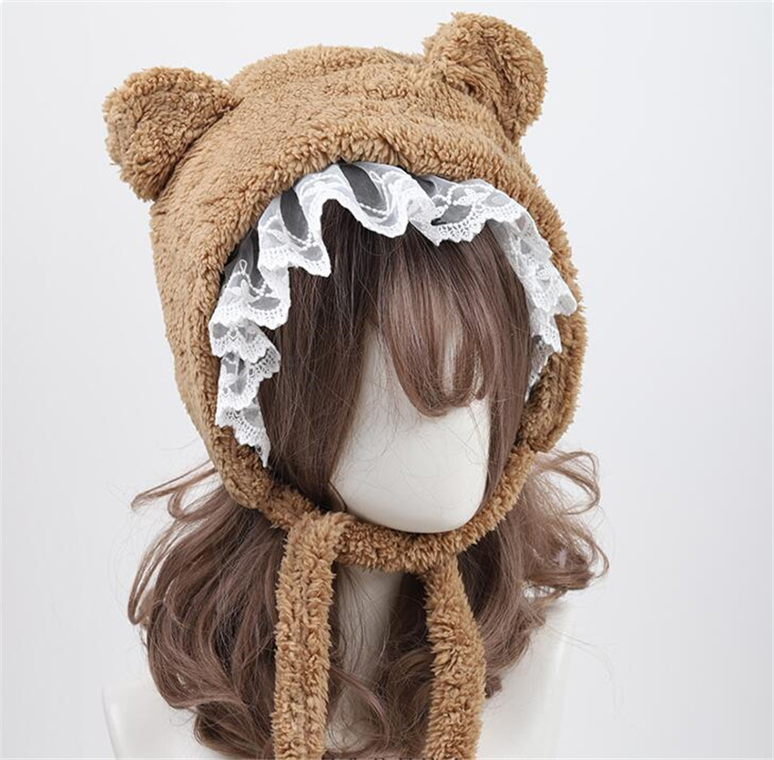 Warm Lace Trim Lolita Bear Ear Plush Warm Hat Women Thicken Bowknot Earmuffs Winter Bandage Cap D991