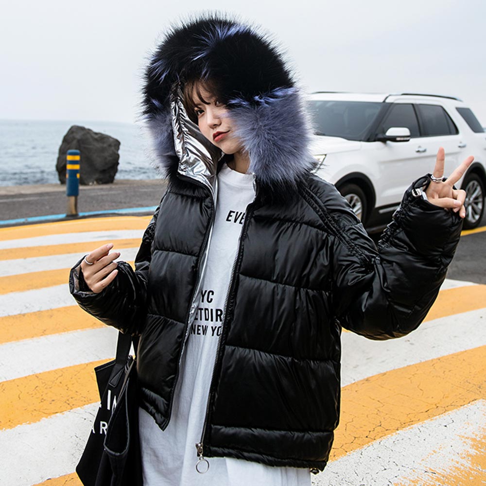 PinkyIsBlack mujer invierno Parkas chaqueta abrigo brillante cálido mujeres Abrigo con capucha de piel corto algodón acolchado chaqueta de invierno Mujer