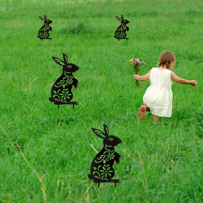 Leuke Bunny Set Yard Garden Plies Met Ijzeren Standbeelden Hollow-Out Dier Vormige Sculptuur Decoratie Voor Thuis Achtertuin Gazon