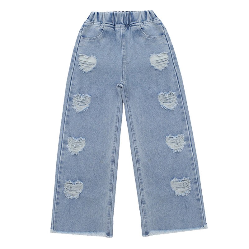 Teen Girls Fashion Jeans tinta unita cuore strappato stile coreano Denim di alta qualità pantaloni larghi pantaloni alla caviglia 4-14Y bambino