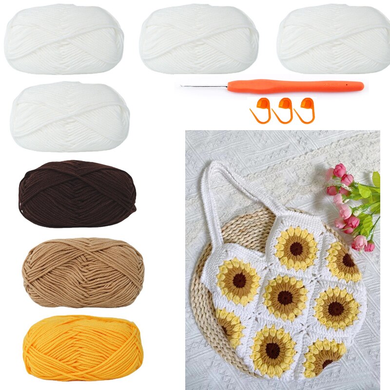 TPRPYN – Kit de Crochet de sac de tournesol avec fil, sac à bandoulière carré de grand-mère, bricolage fait à la main, sac à main patchwork: 19-4 42 16 5
