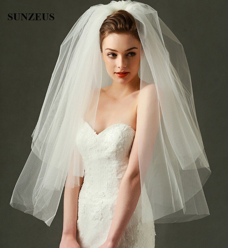 Witte ivoren bruidssluiers, eenvoudige tweelaagse tule bruidssluiers, gesneden rand, ellebooglengte sluier bv -075