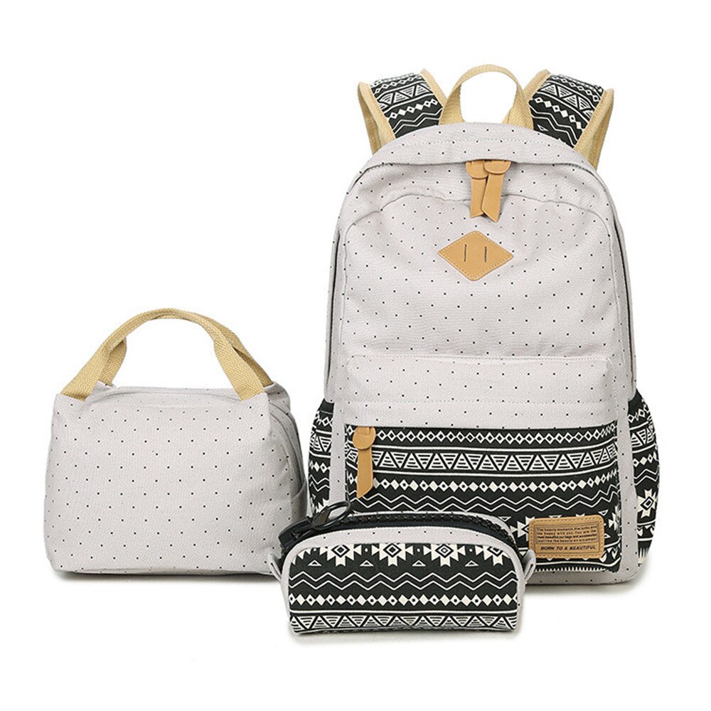 3 in 1 rugzak junior high schooltas canvas stippenprint tienermeisjes lichtgewicht laptoprugzakken met geïsoleerde tas + etui: Stip grijs