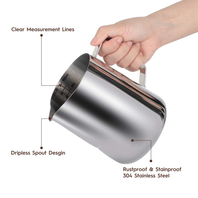 Milk Jug, 900ml Handheld Coffee Creamer Milk Frothing Pitcher Jug Cup With Measurement Mark And Latte Art Pen, Milk Pitcher Jugs
