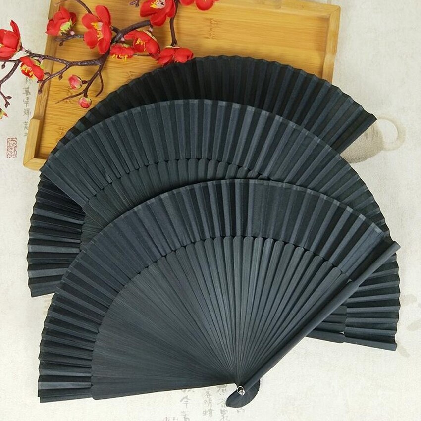 Black Carved Hand Held Folding Fans Bamboo Wood Silk Hand Fan For Events Party Wedding Home Decoration