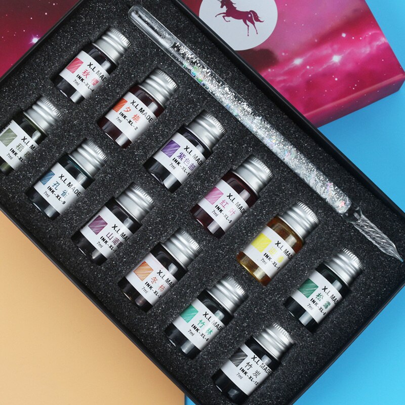 7/13pcs Glass Dip Pen And Blue Ink Sets Box Sequin Series Signature Pencil Handicraft Dip Pens Glass Pencils: Sky White