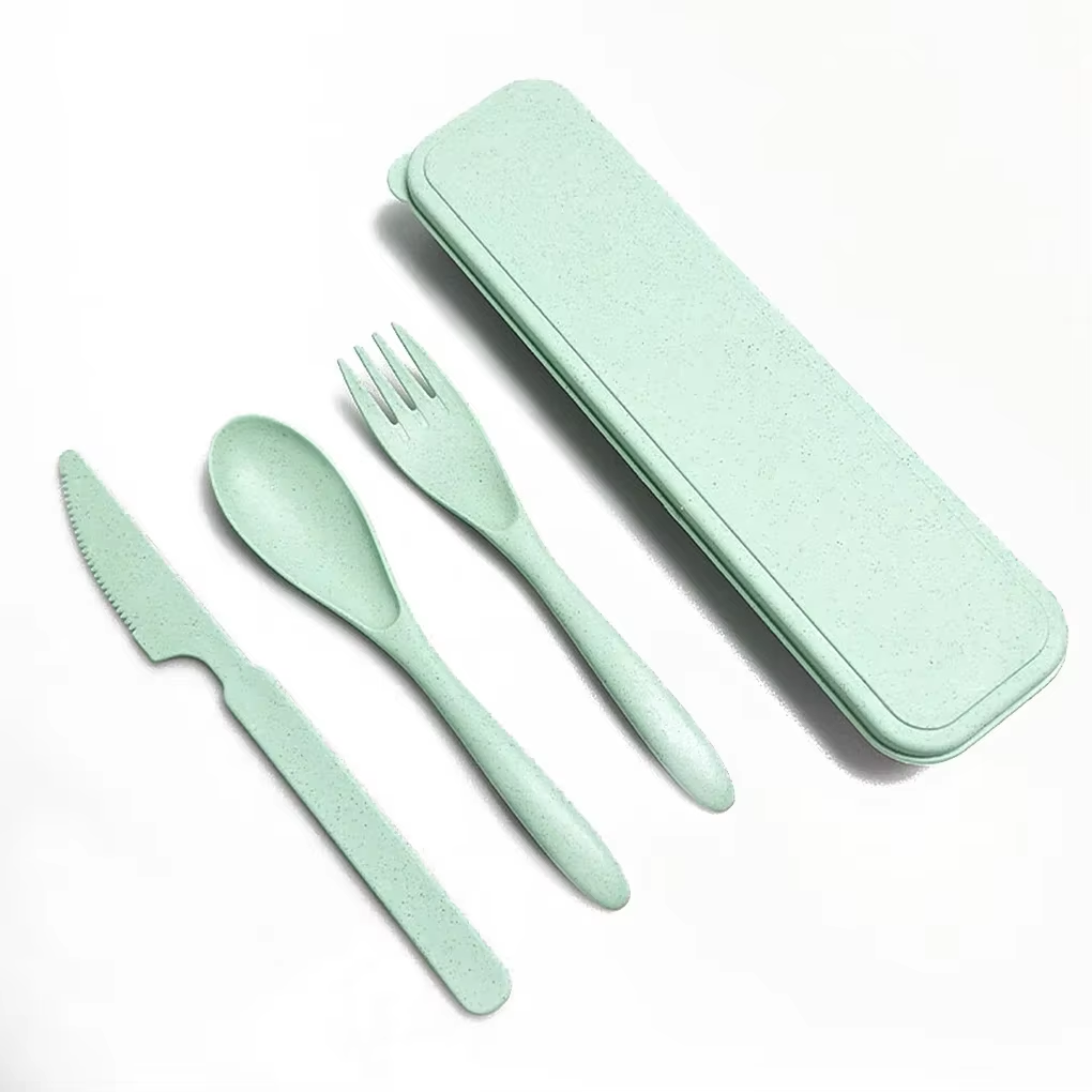 Tragbares Reiseutensilien-Set mit Koffer, wiederverwendbares Besteck aus Edelstahl, Besteck, Campingbesteck, inklusive Gabel, Löffel, Messer: Licht Grün