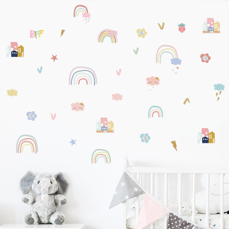 Cartoon Rainbow Cloud Wall Stickers Room Decoration Baby Nursery Bedroom Living Room Kids Rooms Decorations DIY Art Mural Poster